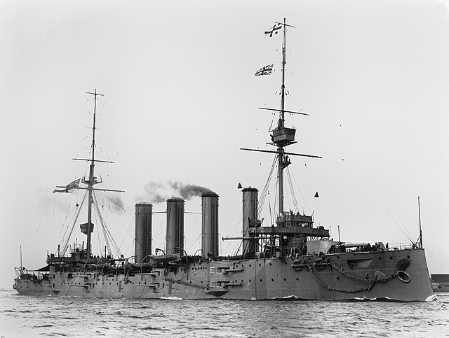 Having flown his flag in HMS Suffolk, Cradock transferred to the armoured cruiser HMS Good Hope (pictured) in late August 1914