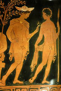 Hermes and a young warrior. Bendis Painter, c. 370 BCE. Hermes warrior Louvre G515.jpg