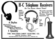 Holtzer-Cabot telephone operator head receiver, wireless operator receiver, and telephone receiver, 1909 Holtzer Cabot Wireless Head Normal Receivers.png