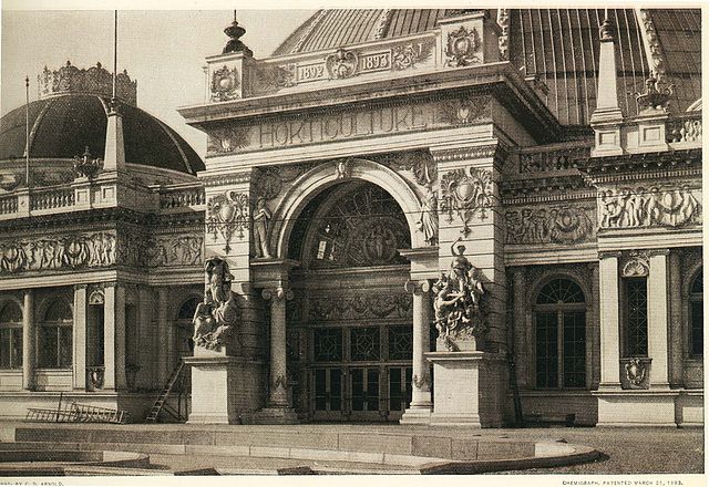 Horticultural Building at the World's Columbian Expo, Chicago, IL. USA, 1893 showing sculpture by Lorado Taft and the White Rabbits