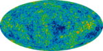 Carte complète du CMB, selon une projection de Mollweide. Elle montre les fluctuations ou anisotropies de températures de l'Univers primordial. « Les régions bleues sont les plus froides, alors que les rouges sont les plus chaudes. La différence maximale de température est de l'ordre de 0,0001 degré Celsius. » Ces « légères fluctuations [seraient] le reflet de la première variation de densité à l'origine des galaxies » et des amas de galaxies. Photomontage de clichés pris par WMAP, satellite de la NASA, pendant neuf ans.