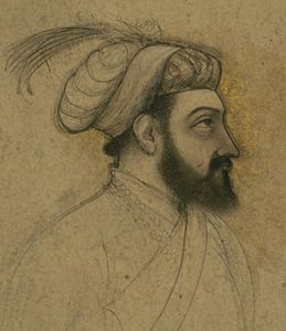 Portrait de l'empereur moghol Shah Jahan (1592-1666). Encre et pigment sur papier, H. 18 cm. Miniature moghole inachevée. Baltimore, Walters Art Museum.