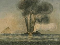 Erupce ostrůvku Ferdinandea (obrázek neznámého autora z roku 1831)