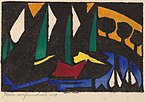 Jacoba van Heemskerck van Beest, Boat and Trees, 1914, woodcut in black, hand colored with watercolor, on Japan paper, Image:9.6 x 15.1 cm (3 3/4 x 5 15/16 in.) sheet: 18.4 x 24 cm (7 1/4 x 9 7/16 in.), Gift of Ruth Cole Kainen, 2012.92.270, National Gallery of Art