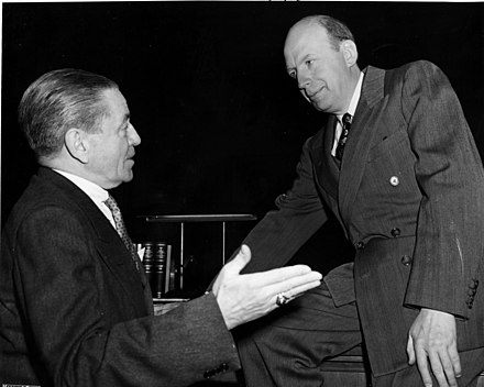 Then outgoing attorney general James P. McGranery (left) briefs Brownell, then Eisenhower's designee for the position, of the Justice Department on December 20, 1952, amid the presidential transition of Dwight D. Eisenhower