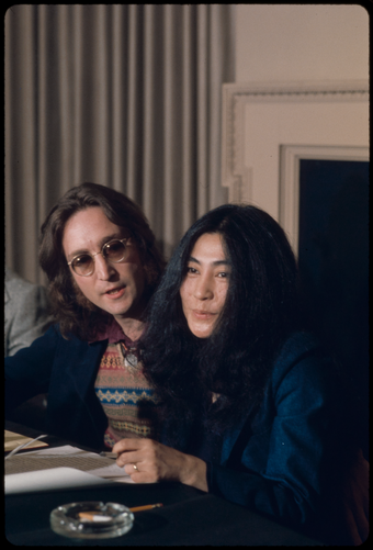 Lennon and Ono at the press conference where they announced the formation of Nutopia.