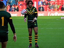 Thurston warming up for Australia at Anfield in 2016 Johnathan Thurston Australia.jpg