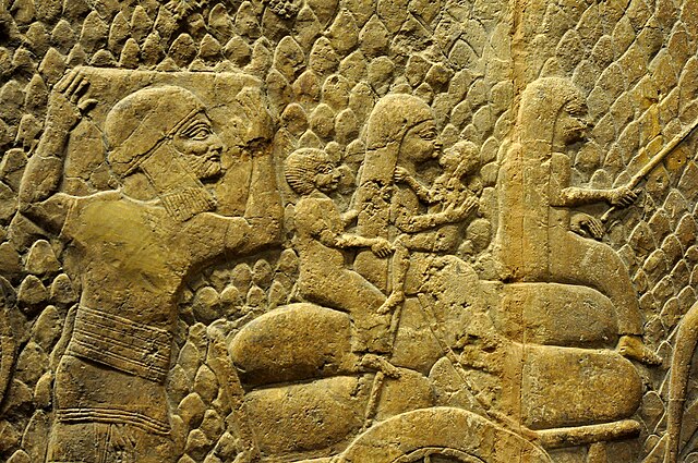 Judaean prisoners being deported into exile to other parts of the Assyrian Empire. Wall relief from the Southwest Palace at Nineveh, Mesopotamia, date