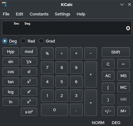 KCalc 21.12.0 in modalità scientifica