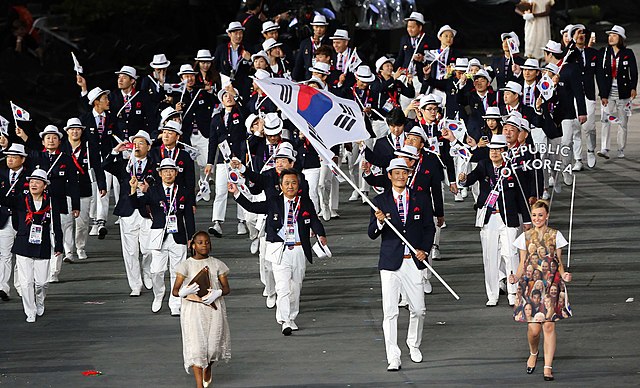The South Korean Olympic delegation participating in the opening ceremony at the 2012 Summer Olympics.