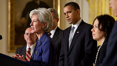 Kathleen Sebelius formally accepts her nomination as Secretary with President Obama by her side. Kathleen Sebelius Secretary of Health and Human Services nomination.jpg