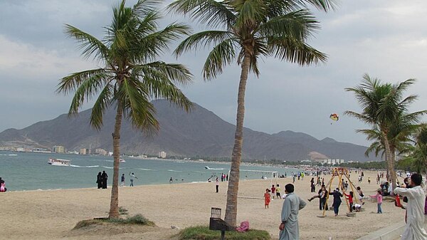 Khor Fakkan beach, with the Western Hajar Mountains in the background