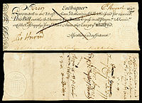 Kingdom of England Exchequer note-5 Pounds (1697).jpg