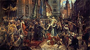 Constitution of May 3, 1791 has just been adopted. Jan Matejko crowded onto this painting numerous personalities of the reform era. Konstytucja 3 Maja.jpg