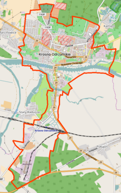 Mapa konturowa Krosna Odrzańskiego, blisko centrum na dole znajduje się punkt z opisem „Stacja kolejowa”