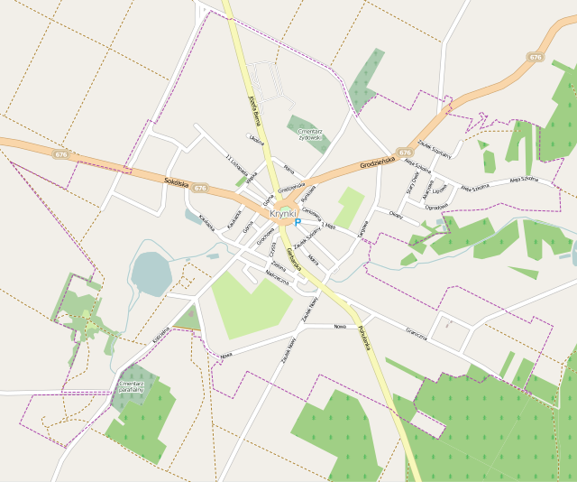 Mapa konturowa Krynek, blisko centrum po lewej na dole znajduje się punkt z opisem „Kościół Świętej Anny w Krynkach”