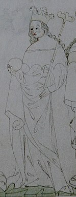 Miniatura ženy s dlouhými vlasy a korunou na hlavě. Žena je oděna do královského roucha a drží královské žezlo a jablko.