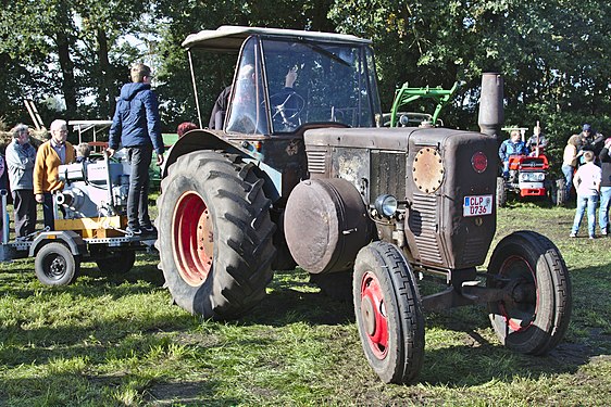 Rusty 1954-issue Lanz Bulldog tractor on an auto show in Benthullen, Germany