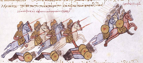 Eight horsemen in scale armour, each holding a lance chase nine horsemen with clouds wound about their heads