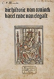 Old publication of Karel ende Van Elegast, 12th century Dutch story of an "elf-guest" or "elf-spirit" who supports the Christian King Charlemagne. Lg 49.jpg
