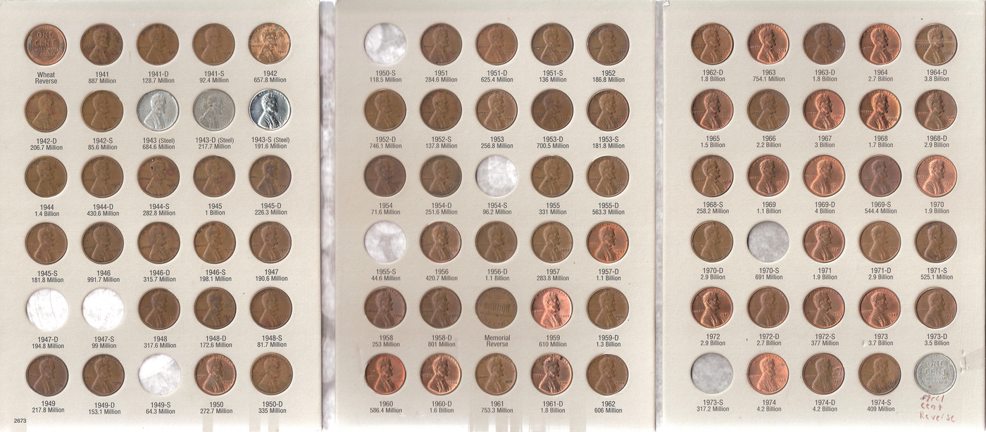 A coin folder featuring Lincoln cents ranging in date from 1941 to 1974