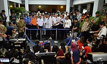 Indonesian Minister of Transportation Budi Karya Sumadi giving a press conference on the crash of Flight 610