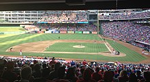 Houston vs Texas face-off during the 2013 Lone Star Series in the American League West division of Major League Baseball Lone Star Series, Houston Astros vs Texas Rangers at Globe Life Park in Arlington, 2013.jpg