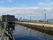 East India Harbour, partly infilled and railings added for the 1999 Tall ships Race, looking towards the Custom House and Customhouse Quay. Looking to the Custom House in Greenock - geograph.org.uk - 993971.jpg