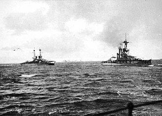 New York (left) and HMS Iron Duke in Scapa Flow, possibly during the surrender of the German fleet, November 1918 Lot 9609-32 (21530884801).jpg