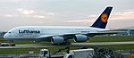 Lufthansa Airbus A380 being towed to the hangar after testing, ready for its first scheduled flight on 6 June 2010 from Frankfurt to Johannesburg.