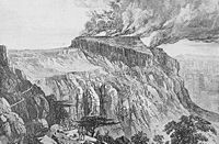 An illustration of the burning of Magdala, an event which took place during the British Expedition to Abyssinia in 1868. The expedition came about as a result of Tewodros II of Ethiopia's imprisonment of European missionaries and officials, and demonstrated the power projection capabilities of the British Empire. Magdala burning.jpg