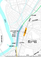 松戸宿の現代地図に旧水戸街道の道筋を重ねた地図