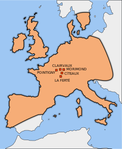 The spread of Cistercians from their original sites in Western-Central Europe during the Middle Ages Mapa cister.svg