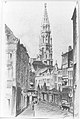 La flèche de l'Hôtel de ville de Bruxelles, vue du Marché au Fromage, dessin de Léon van Dievoet, 1941.