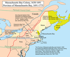 Image 60Major boundaries of Massachusetts Bay and neighboring colonial claims in the 17th century and 18th century; modern state boundaries are partially overlaid for context (from History of Massachusetts)