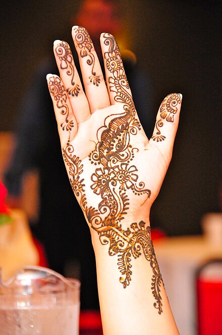 Mehndi is the application of henna as a temporary form of skin decoration, commonly applied during Eid al-Fitr in Indian subcontinent culture.