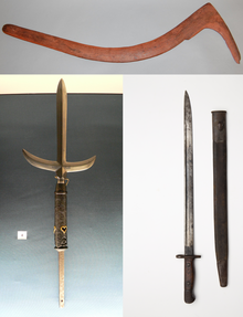 3 different melee weapons, a fighting boomerang (blunt), Yari (pointed), and Pattern 1907 bayonet (bladed). Melee weapons.png