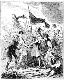 Later depiction of the Merthyr Rising, with armed rioters raising the red flag. Merthyr Rising.jpg