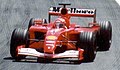 Michael Schumacher driving the Scuderia Ferrari F2001 at the 2001 Canadian Grand Prix, showing sponsorship from Marlboro, Shell, Fiat, and Magneti Marelli