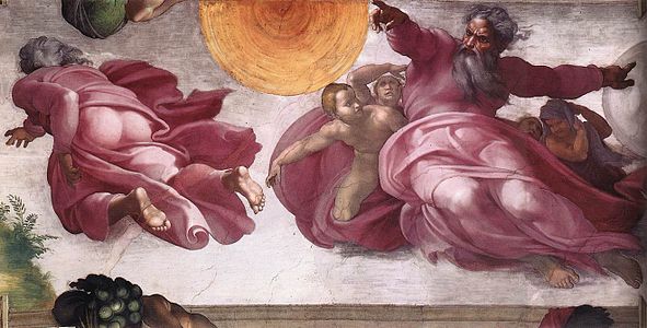 Imagen de un fresco en color sobre un fondo de cielo brillante, dos escenas con a la derecha un anciano abriendo los brazos en un gesto perentorio creando las estrellas y a la izquierda desde atrás estira su mano derecha hacia un arbusto.