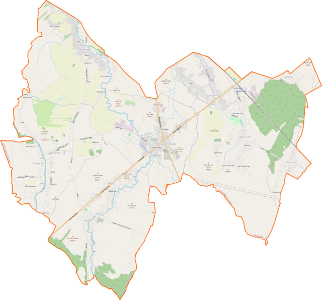 Mapa konturowa gminy Miejsce Piastowe, na dole po lewej znajduje się punkt z opisem „Rogi, kościół drewniany”