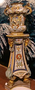 Minton tin-glazed Majolica flower pot and stand (pedestal) in Italian Renaissance maiolica Grotesque style, see Exhibit Number 74