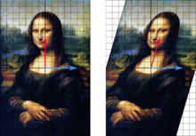 In this shear mapping the red arrow changes direction, but the blue arrow does not and is used as eigenvector. Mona Lisa eigenvector grid.png