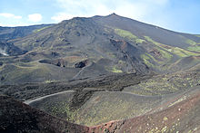 Southern flank of Mount Etna showing lateral cones and flow from the eruption of 2001.