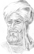 یک طراحی خیالی از محمد بن موسی خوارزمی، که دنبالهٔ دستار اش رها شده.