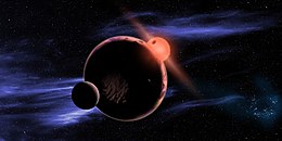 An artist's impression of a planet with two exomoons orbiting in the habitable zone of a red dwarf. NASA-RedDwarfPlanet-ArtistConception-20130728.jpg