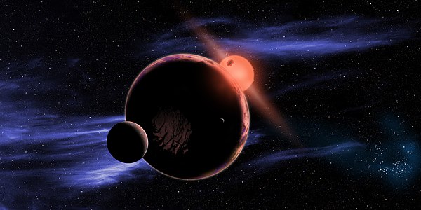 An artist's impression of a planet with two exomoons orbiting in the habitable zone of a red dwarf.