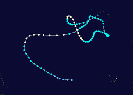 飓风纳丁的风暴路径图。它從佛得角以东开始，蜿蜒而且朝着不稳定的方向前进，然后做拋物缐的轨迹。风暴在亚速尔群岛附近消散前曾兩次威胁該群岛