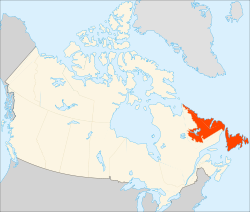 Zemljevid Kanade z označeno lego Nove Fundlandije in Labradorja