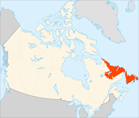 Newfoundland and Labrador in relation to the rest of Canada By EOZyo (Based on Image:Canada (geolocalisation).svg) [Public domain], via Wikimedia Commons